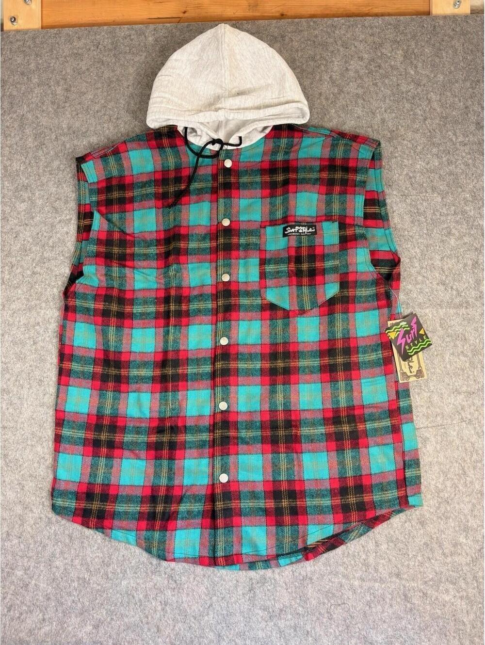 Vintage Surf Style 90s Plaid Flannel Snap Button Sleeveless Hoodie USA XL